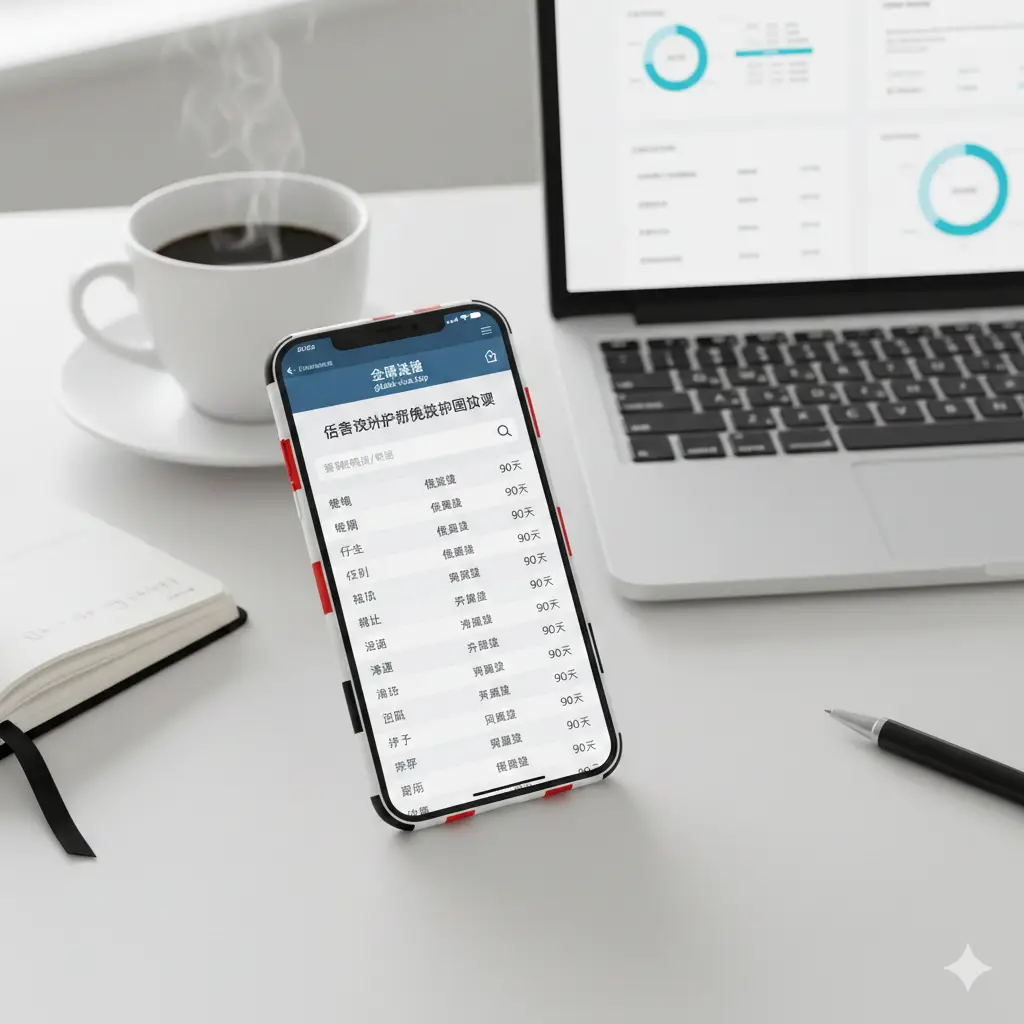 教程引导类图片，设计风格类似清晰的UI界面。展示一个带有格鲁吉亚国旗元素的智能手机，屏幕上正在显示global-visa.top网站的免签国家查询列表。背景是干净的办公桌面，放着笔记本电脑和咖啡，侧光照明。构图采用俯视视角，强调信息的易查阅性和平台工具的专业性，色调清新、专业且整洁。