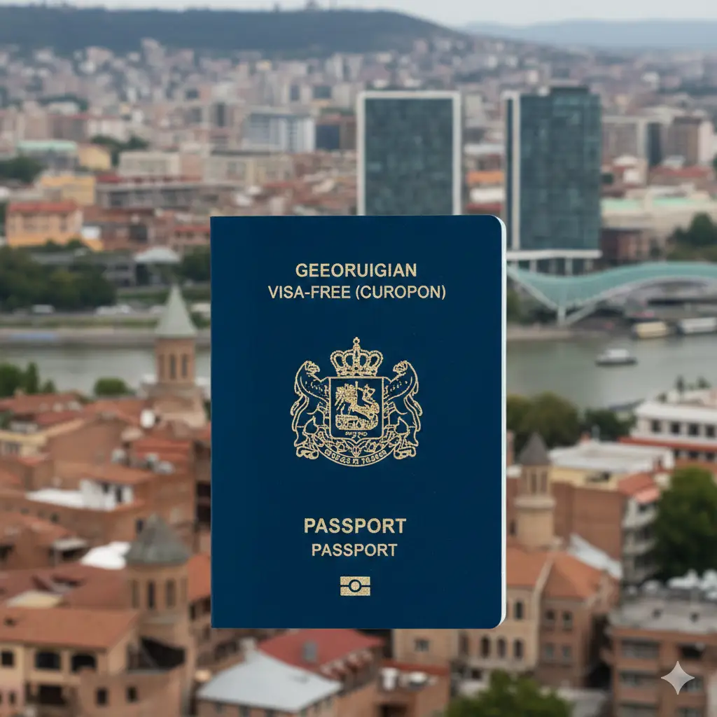 总结性图片，视觉风格温馨且充满希望。画面展示一名穿着得体的旅行者在机场落地窗前远眺，窗外停机坪上飞机准备起飞。旅行者手中拿着格鲁吉亚护照。画面光影温暖，呈现日出时的金色调，象征新的旅程和身份选择带来的自由。构图采用三分法，右侧留白，画面上方带有淡淡的 global-visa.top 品牌水印感，完美收尾全文。