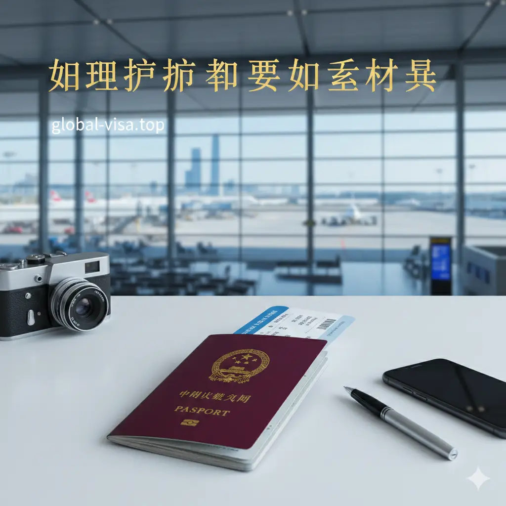 一张高质量的商务旅行风格封面图。画面中央是一本醒目的中国护照，周围散落着出国旅游必备元素，如登机牌、复古相机和智能手机。背景是明亮通透的国际机场航站楼，采用浅景深虚化效果。构图大气，色彩以蓝、白、金为主，体现专业感与国际化视野，画面留白处适合添加标题文字，突出‘办理护照需要哪些材料’的核心主题。