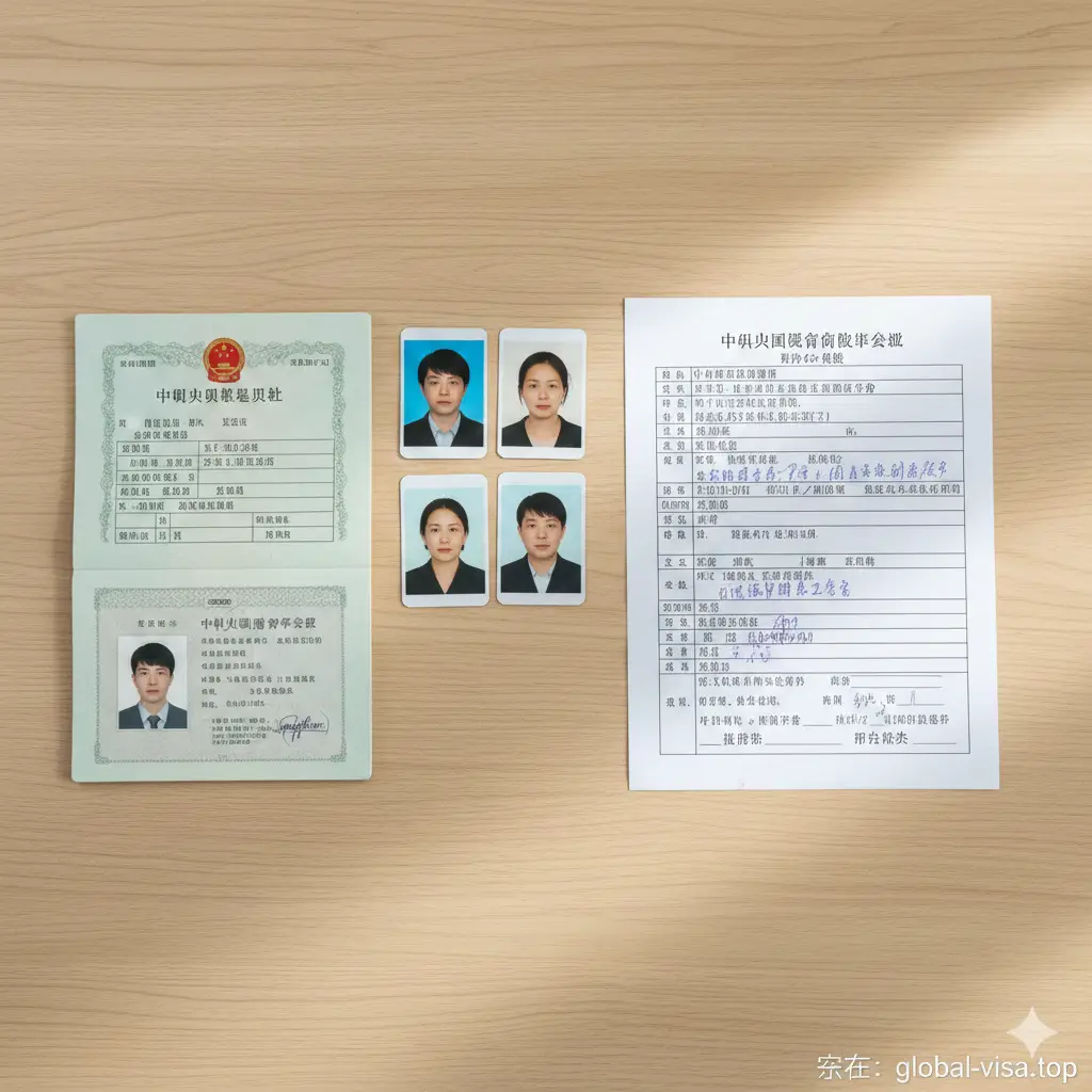 一张清晰的功能性图片，展示办理护照所需的各类证件材料。画面中整齐排列着身份证原件、户口本、规范的二寸白底证件照、以及一份填写的申请表格。采用俯拍俯视视角，桌面为简洁的白色或浅木色纹理，光线明亮柔和。通过这种视觉化的清单形式，帮助用户直观理解基础材料构成，增强文章的工具属性。