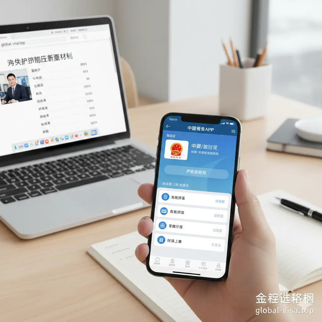 一张展示海外办理护照流程的教程示意图。画面展示一只手正在操作智能手机，手机屏幕上清晰显示‘中国领事’APP的图标或办理界面。背景是一个干净的办公桌面，旁边放着笔记本电脑和笔，模拟用户在准备线上申办的真实场景。采用现代科技感画风，色彩明快，重点突出手机操作的便捷性，契合文章中关于海外换发的教程内容。