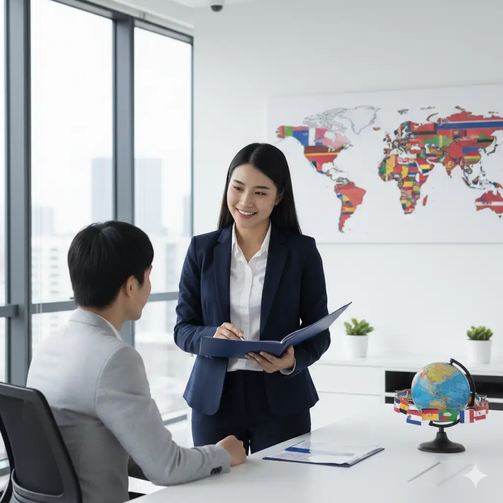 体现Global Visa专业服务优势的意境图。画面展示一位身穿商务装的专业顾问正在微笑着为客户解答疑问（或展示审核材料的专注侧影），周围环境为现代简约的办公空间。画面一角点缀全球地图或各国旗帜元素，传递出品牌‘专业、全球化、一站式’的服务特质。色彩选用品牌蓝与科技白，构图稳重，增强读者的信任感。