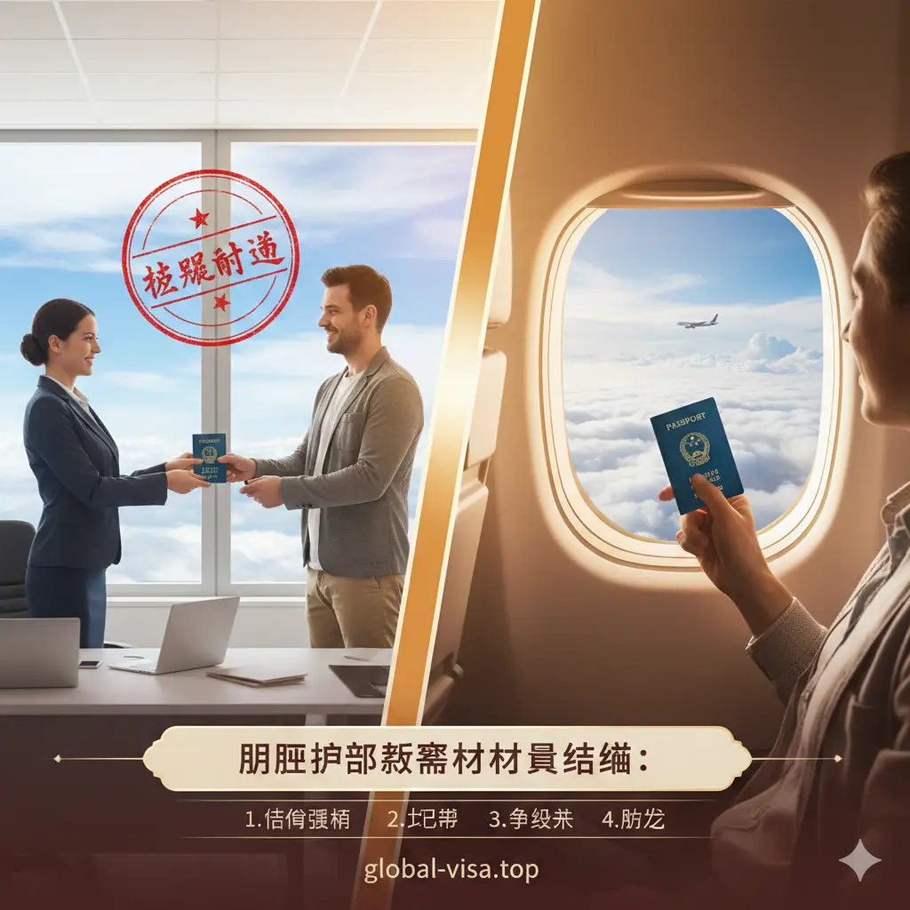一张寓意办证成功的总结性图片。画面中心是一个带有‘通过’或‘核准’意象的商务场景，背景是一位旅客在云端飞行的飞机舷窗旁，手中拿着已经办好的护照，眺望着窗外的蓝天白云。画面充满希望与自由感，暖色调的光影处理让人心情愉悦。构图采用三分法，将办理成功的成就感与即将开启的旅程完美融合，作为文章结尾画龙点睛。