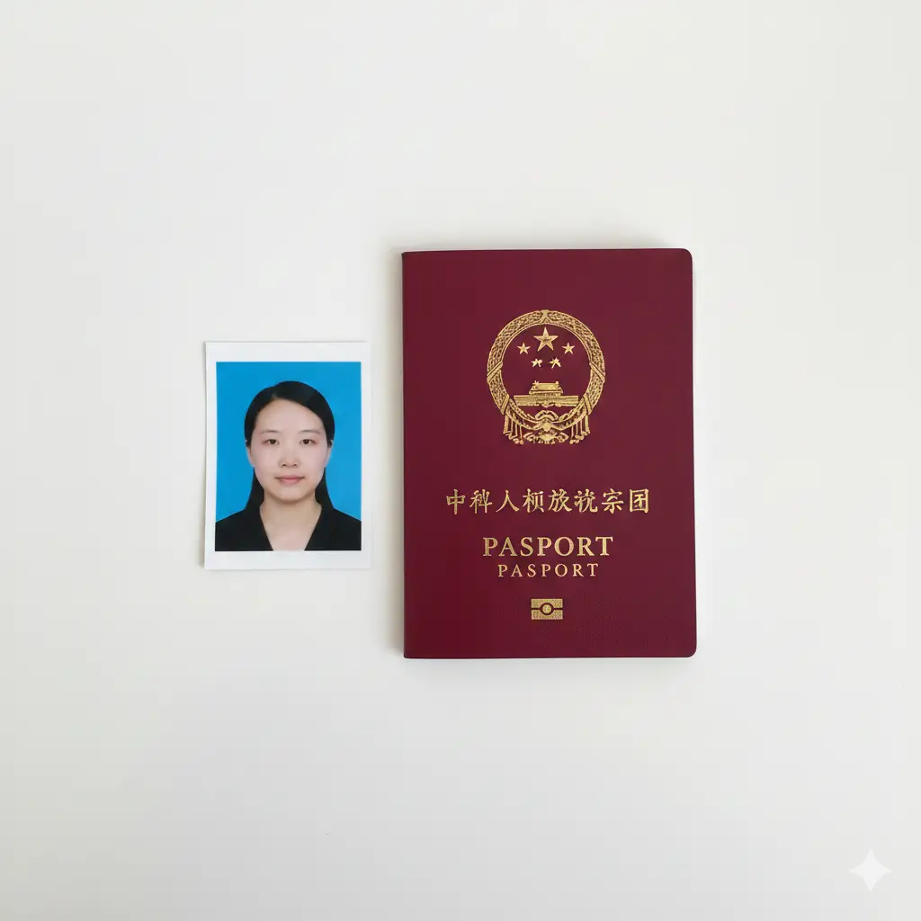 一张高质量的封面图片,展示一本深红色的中国护照放置在干净的白色桌面上,旁边是一张符合标准的48mm x 33mm小二寸个人证件照。照片中的人物表情自然、背景纯白。构图采用俯视角度,光线明亮且专业,整体色彩以护照的红色和背景的白色为主,营造出权威、正式且清晰的视觉感。