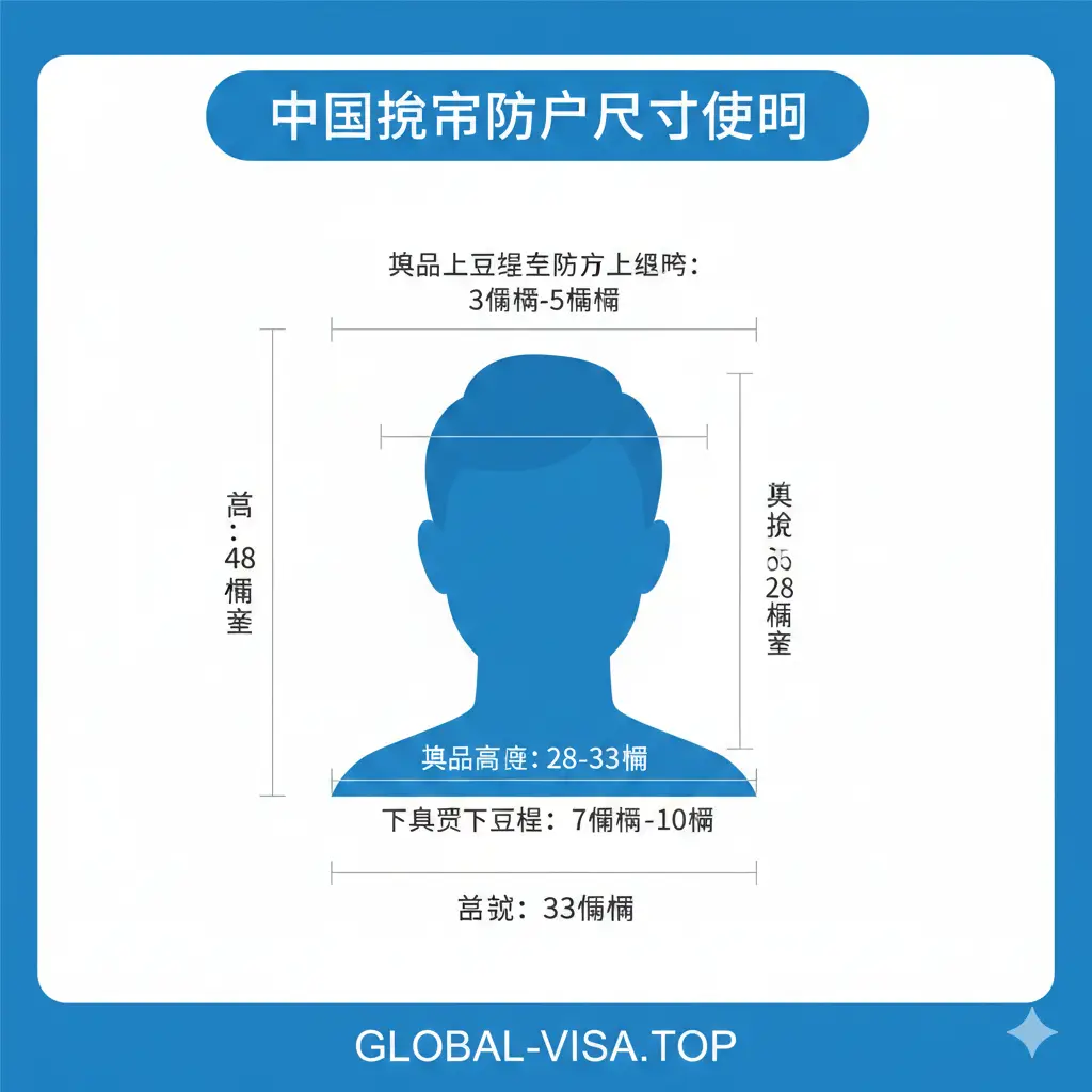 一张详细展示中国护照照片规格的功能图。图片中心是一个亚洲面孔的剪影,周围标注着精密的尺寸线条,包括48mm的高、33mm的宽,以及头部高度28mm-33mm等技术参数。风格采用现代扁平化设计,使用蓝色和白色的科技感配色,重点突出数字的准确性,方便用户快速理解复杂的尺寸要求。
