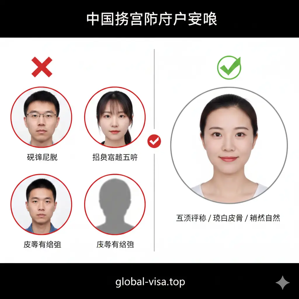 一张对比式的教程图片。左侧展示错误示例(如戴眼镜反光、头发遮挡眉毛、背景有阴影),右侧展示正确示例(五官清晰、纯白背景、神态自然)。图片中间有红色的叉号和绿色的对勾标志。构图整齐,采用分屏设计,色彩明快,旨在直观地指导用户如何规避拍摄中的常见陷阱。