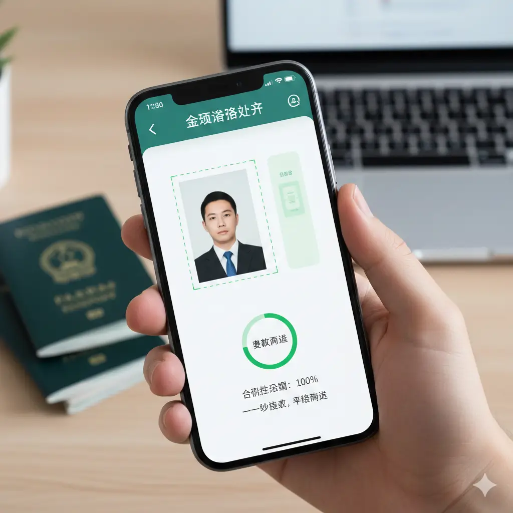 展示global-visa.top在线工具优势的图片。画面中一只手拿着智能手机,屏幕上正在运行AI照片检测系统,显示正在自动裁剪并对一张人像照片进行合规性打分。背景模糊处理,突出手机屏幕上的‘检测通过’绿色字样。风格充满现代感和便捷感,体现科技助力申请的效率。