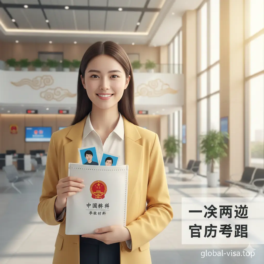 一张充满正面情绪的总结图片。画面展示一位申请人拿着装有合规照片的材料袋,露出满意的微笑。背景是光线柔和的现代化办事大厅。图片下方或侧面留有空白区域,适合叠加‘一次通过’或‘官方标准’等文字。色彩温暖、柔和,给用户提供心理上的安全感和成功办理的信心。