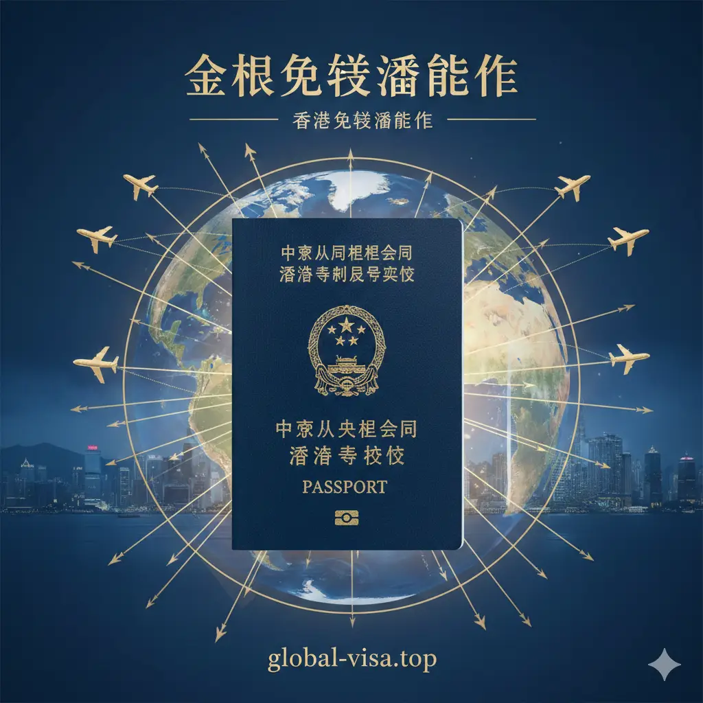 一张高质量的封面图，中心是一本深蓝色的香港特区护照（HKSAR Passport），护照上方有精美的金色字样。背景是模糊的全球地图和著名的香港维多利亚港天际线，结合了飞机的起飞航迹。整体色调采用商务蓝与香槟金，光线明亮，构图采用中心对称，营造出专业、权威且通达全球的视觉感。