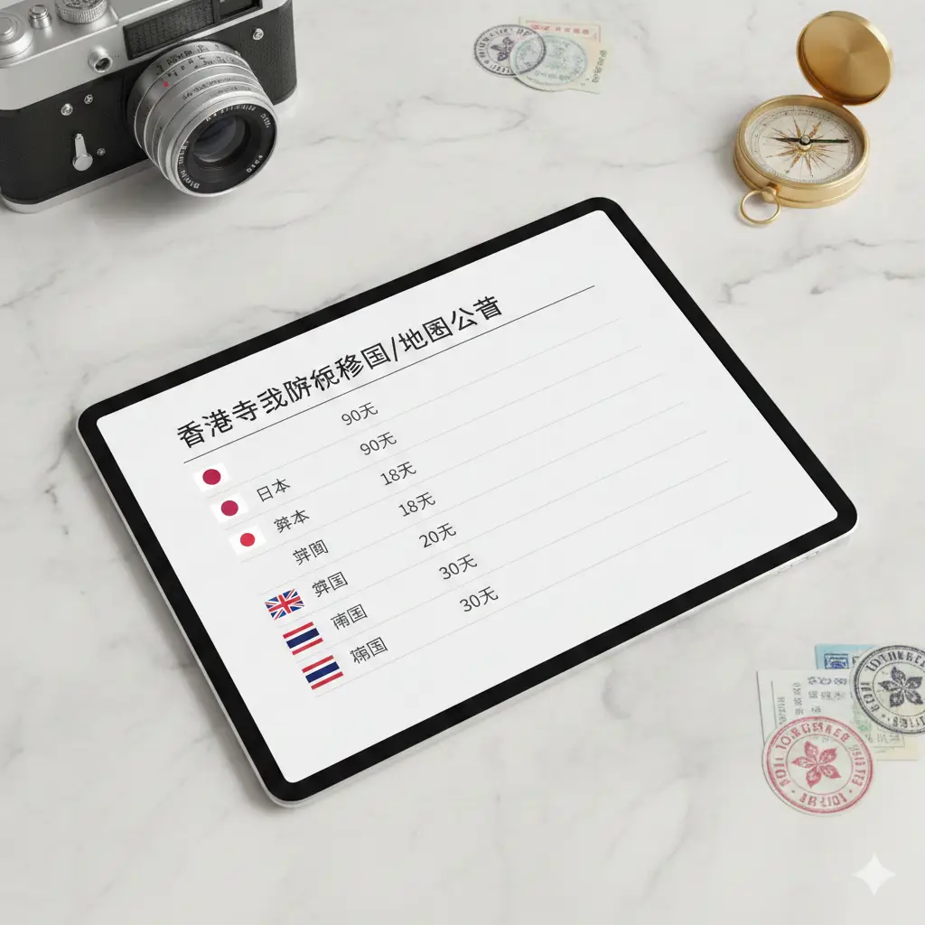 功能展示图，展示一个现代化的平板电脑屏幕，上面清晰列出带有各国国旗（如日本、英国、泰国）的香港特区护照免签列表。屏幕周围散落着指南针、旅行相机和护照盖章。背景为干净的白色大理石桌面，色彩鲜艳且饱和度适中，采用俯视微距构图，强调信息的准确性与易读性。
