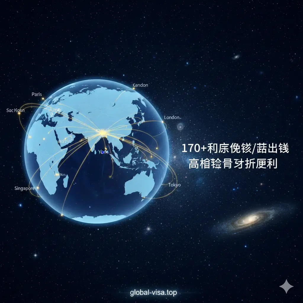 优势对比图，视觉中心是一个巨大的地球仪，多条金色航线从香港出发连接至欧洲、美洲和亚洲各大城市。画面右侧列出核心优势文字，如‘170+国家’、‘高含金量’。整体设计感强烈，使用深邃的星空背景与发光的航线，构图宏大，传达出香港护照持有人在全球旅行中的优越待遇。