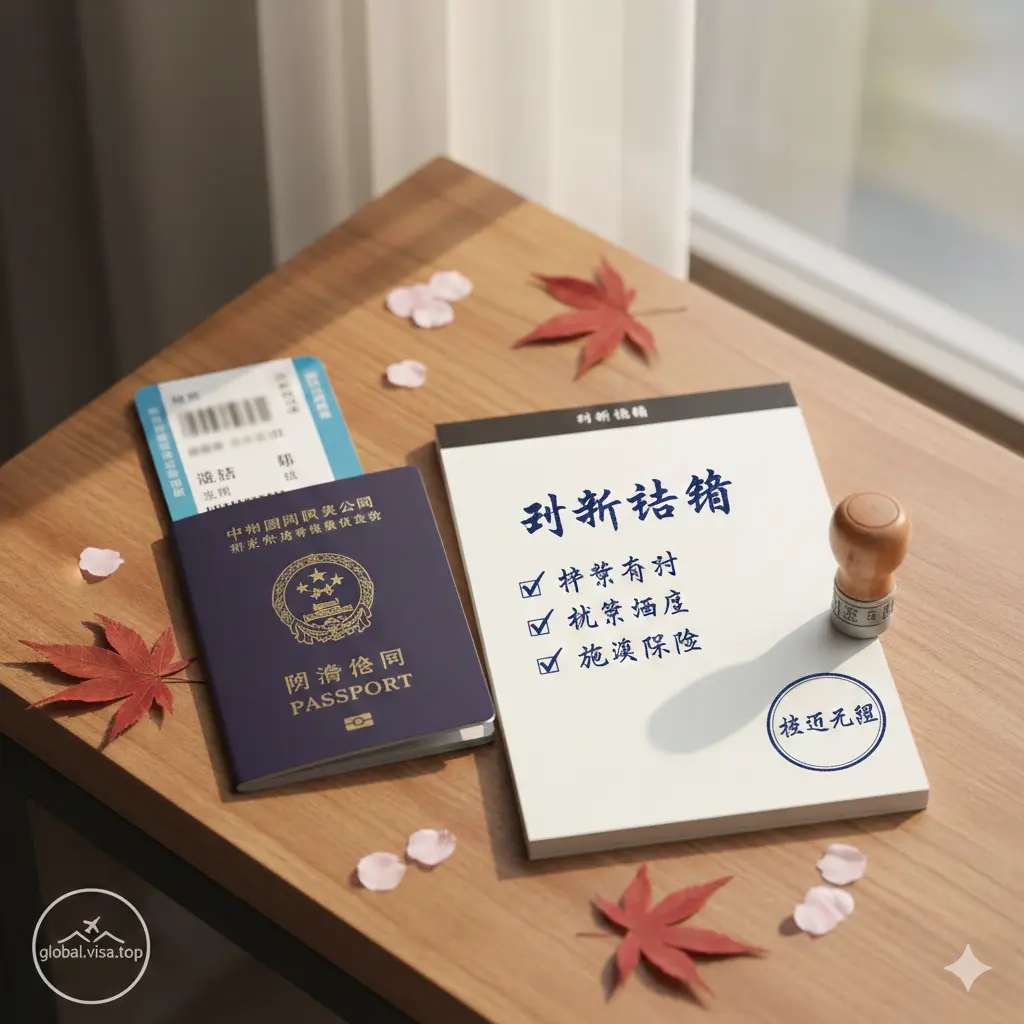 总结回顾图，展示一个极简风格的旅行准备清单。画面包含一份打印好的登机牌、一本护照、一个标注了‘Check’的记事本。背景是温暖的木质桌面，点缀有几片枫叶或樱花瓣（象征不同目的地）。光线采用柔和的自然侧光，构图温馨有序，提醒读者在享受免签便利前做好最后的检查。