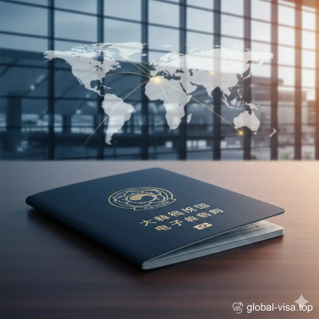 一张极具质感的大气封面图。画面中央近距离展示一本深蓝色的韩国电子护照,封面上清晰可见大韩民国的国徽金印。护照放置在精致的深木色商务桌面上,背景是模糊的现代化仁川机场航站楼和若隐若现的全球航线地图,色调偏向高端商务蓝和温暖的琥珀光影,营造出全球通行的自由感与高级感。