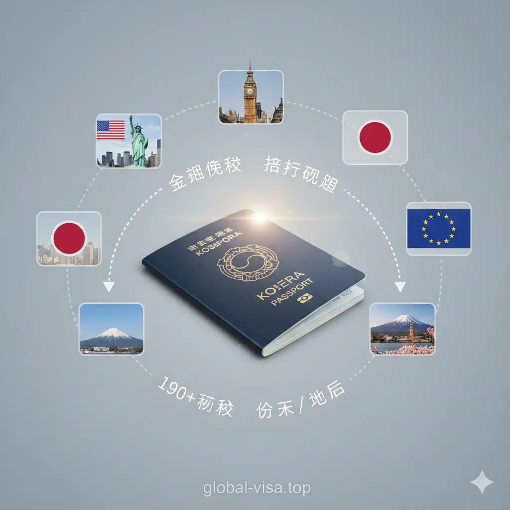 体现功能特性的创意构图。以韩国护照为中心,四周发散出多个半透明的悬浮图标,分别代表美国、英国、日本、欧盟等地的标志性地标(如自由女神、大本钟、富士山)。色彩明亮鲜艳,采用现代扁平化设计与实景融合的风格,直观展示韩国护照免签190多个国家和地区的强大功能,构图具有极强的视觉冲击力。