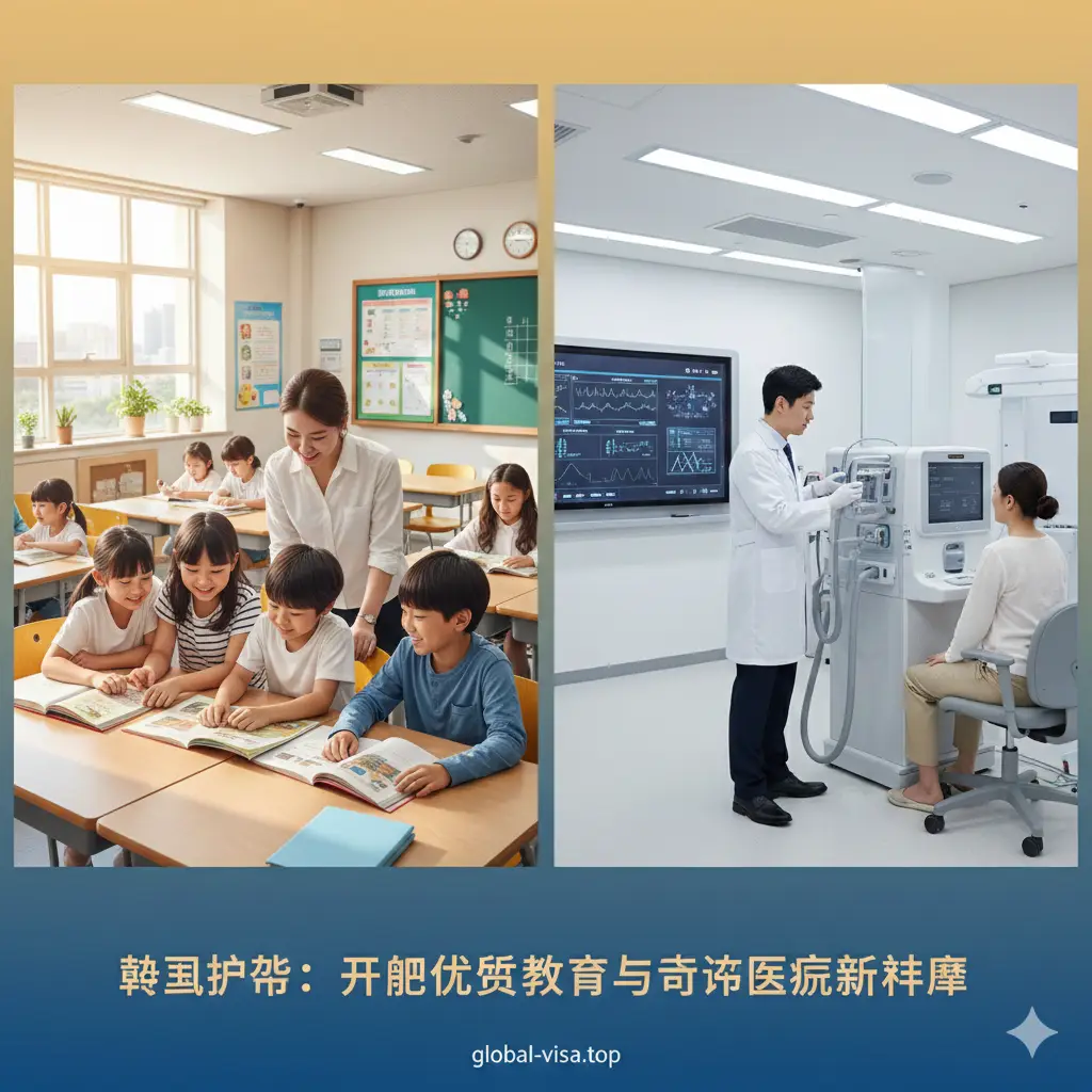 展示韩国护照在社会福利方面的优势。画面采用多重曝光或分屏构图:左侧展现温馨的国际学校教室,孩子们正在快乐学习;右侧展示高端现代化的韩国医疗体检中心。整体色调温暖且富有活力,展现出身份切换后带来的优质教育资源和世界一流的国民健康保险福利,强调生活质量的全面提升。