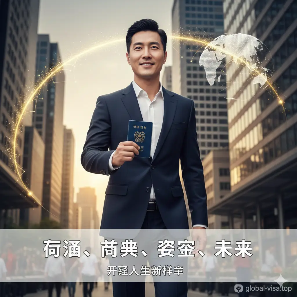 总结性视觉图片。画面展现一名成功男士或女性在繁忙的国际金融区背景下,自信地手握韩国护照前行。天空中有一道连接全球的金色光弧,画面底部带有半透明的文字遮罩,总结‘通行、商业、资产、未来’四个核心关键词。整体风格充满希望感与国际化视野,构图简洁有力,寓意开启人生新篇章。