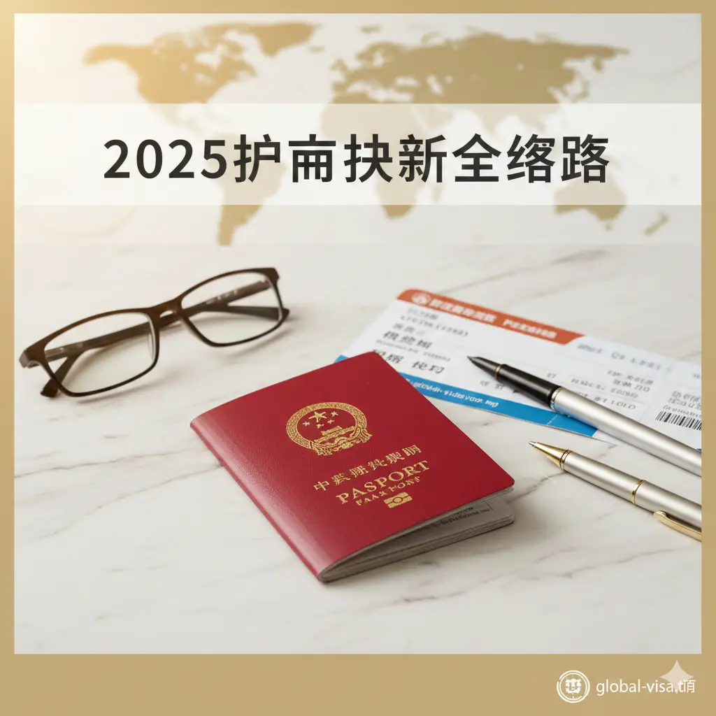 一张高质量且具有商务旅行感的大气封面图。画面中央是一本崭新的中国护照(红色封面带国徽),放置在洁净的白色大理石台面上,旁边点缀着一副时尚的黑框眼镜、一支精致的钢笔以及一张飞往国际目的地的机票。背景微弱虚化,隐约可见世界地图轮廓。色调偏暖,光影自然,上方预留留白空间以便添加'2025护照换新全攻略'字样,整体风格专业且值得信赖。