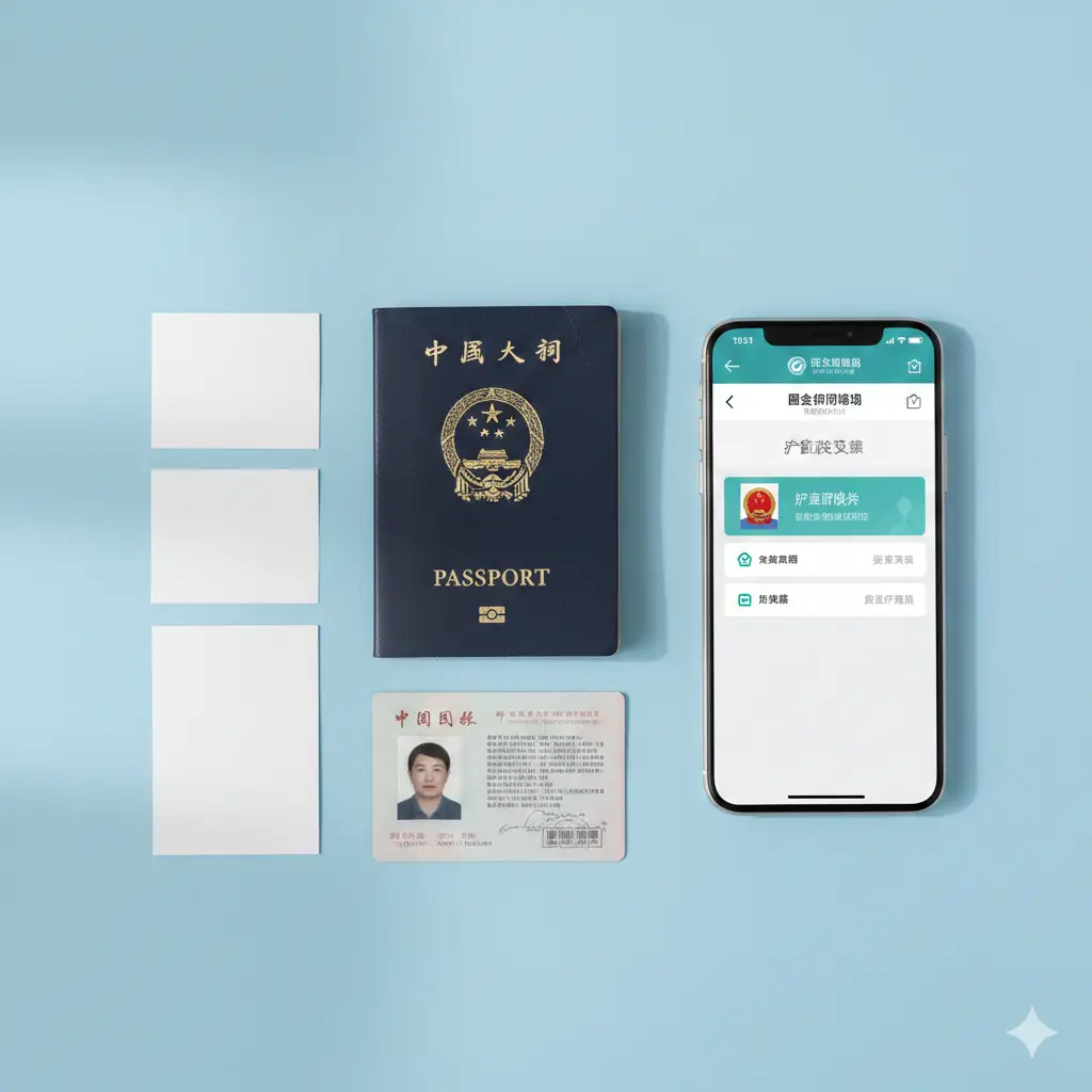 采用平铺构图(Flat Lay)展示护照换新所需的核心材料。图中包含中国居民身份证、一本带有剪角标志的旧护照、几张标准白底证件照,以及一部显示着'国家移民管理局'政务服务的智能手机。色彩清新明亮,以蓝白色调为主,展现出办事流程的规范化与现代化,元素排布整齐,视觉中心聚焦在'旧护照'与'新照片'的对比上。