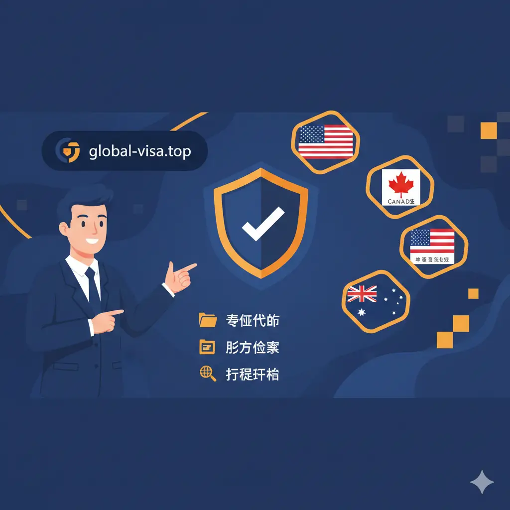 体现Global-visa.top专业服务优势的插画风格图片。画面左侧为专业的咨询顾问形象,右侧是各种签证图标(美、加、澳、申根)。中心位置展示一个盾牌或勾选图标,寓意'高通过率'与'安全保障'。色调使用代表信任的深蓝色与代表效率的亮橙色,构图均衡,强调专业代办、照片检测和行程规划的一站式服务能力。