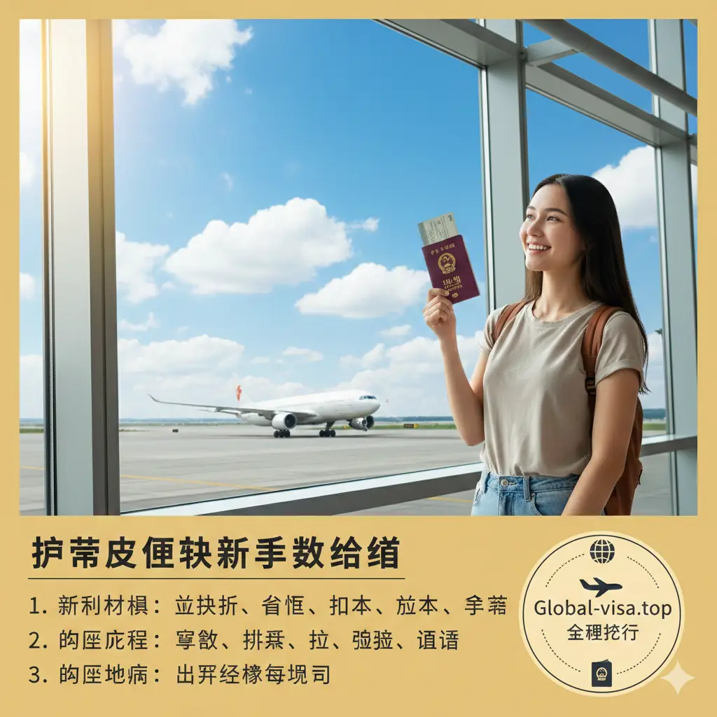 一张充满喜悦与希望的总结图。画面展示一名年轻旅行者在机场落地窗前,手中拿着办好的新护照,背景是蓝天白云和正在起飞的客机。阳光洒在护照封面上,反射出金色光芒。整体色调明亮、充满活力,象征着换证成功后开启的全球旅程,右下角带有Global-visa.top的品牌视觉元素,给人以圆满完成任务的心理暗示。