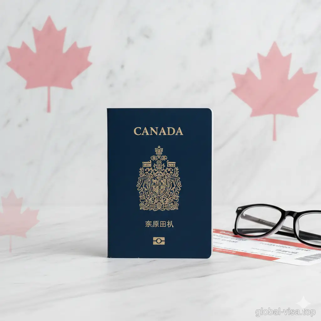 一张高质量的封面图片,展示一本深蓝色的加拿大护照放置在干净的白色大理石桌面上,旁边配有一副优雅的黑框眼镜和一张飞往多伦多的登机牌。背景有淡淡的枫叶阴影。整体色调以加拿大国旗的红色和护照的深蓝色为主,采用浅景深摄影风格,构图大气且具有专业感,居中位置留白以便后期添加标题文字。