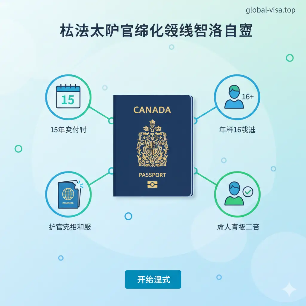 一张扁平化插画风格的功能图,核心展示“简化续签”的四大条件。画面中心是一个放大的加拿大护照图标,四周分布着代表15年有效期、16岁成年、护照完好无损、个人信息一致的四个Icon。色彩采用清新明亮的蓝色和绿色调,构图采用中心发散式,视觉重点突出,信息层级清晰,适合展示资格自测环节。