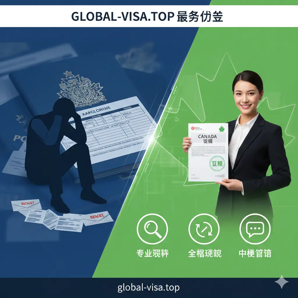 展示Global-visa.top代办服务优势的对比图。画面左侧是一个充满焦虑、面对杂乱表格和被拒信件的剪影;右侧是Global-visa.top的专业顾问形象,面带微笑,手持一份盖有‘Approved’绿章的申请文件。背景融合了枫叶元素和科技感线条,强调专业预审、全程追踪和中文沟通的优势。色彩对比鲜明,突出服务的可靠性。