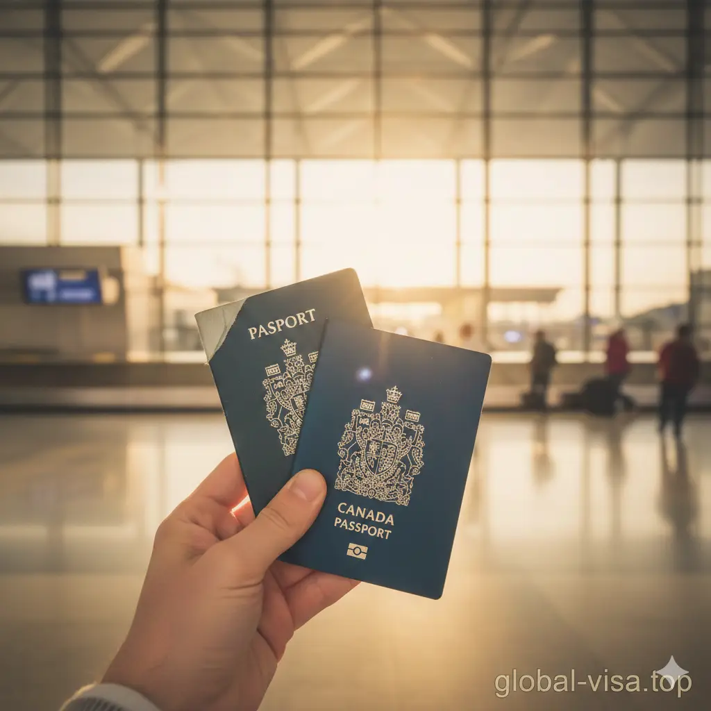 一张温馨且充满希望的总结图片。展示一只手拿着一本崭新的、剪角注销的旧护照和一本全新的加拿大护照,背景是模糊的国际机场出发大厅灯光。阳光透过玻璃洒在护照上,象征着成功办理后的出行喜悦。画面色调温暖,富有故事感,右下角隐约可见global-visa.top的品牌水印,为整篇文章画上圆满句点。