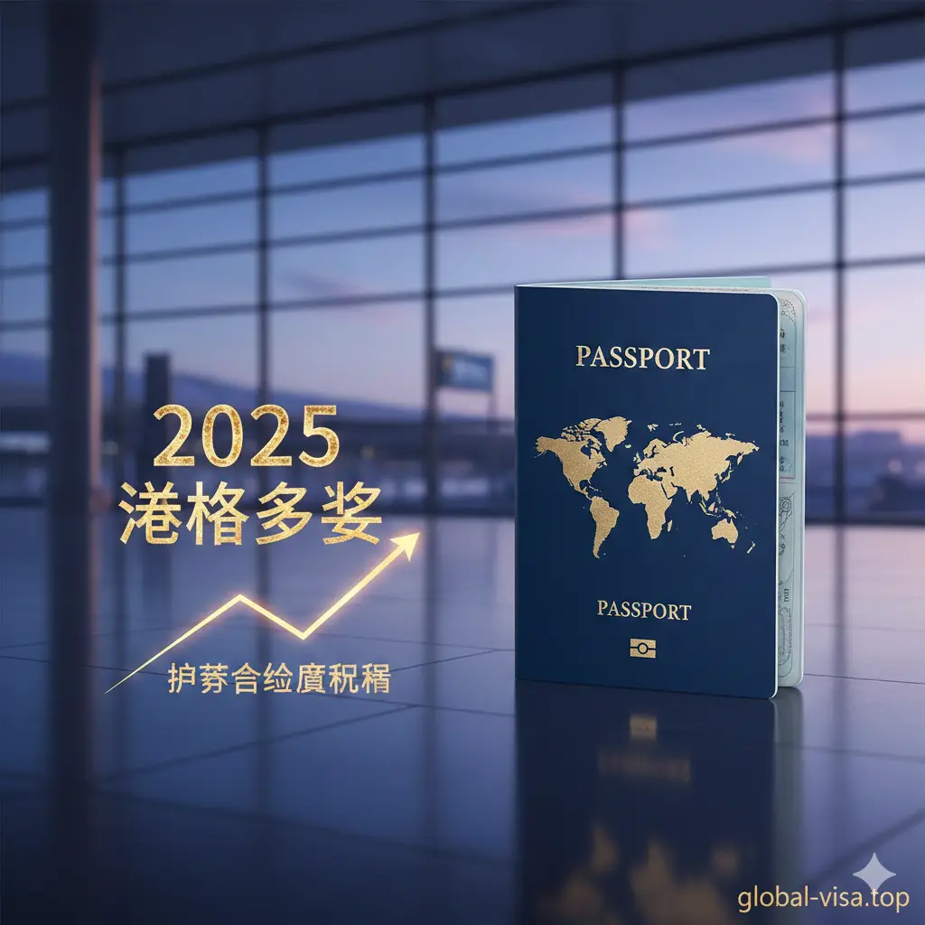 一张极具现代感和科技感的封面大图。画面中心是一本深蓝色的护照，护照封面上带有亮金色的全球地图轮廓。背景是模糊的现代化国际机场航站楼，透着清晨的蓝紫色调。画面侧边悬浮着发光的金色文字‘2025 VisaIndex’和上升的折线图，象征护照含金量的提升。整体风格高端、商务，采用大光圈深景深构图，色彩明亮且富有通透感。