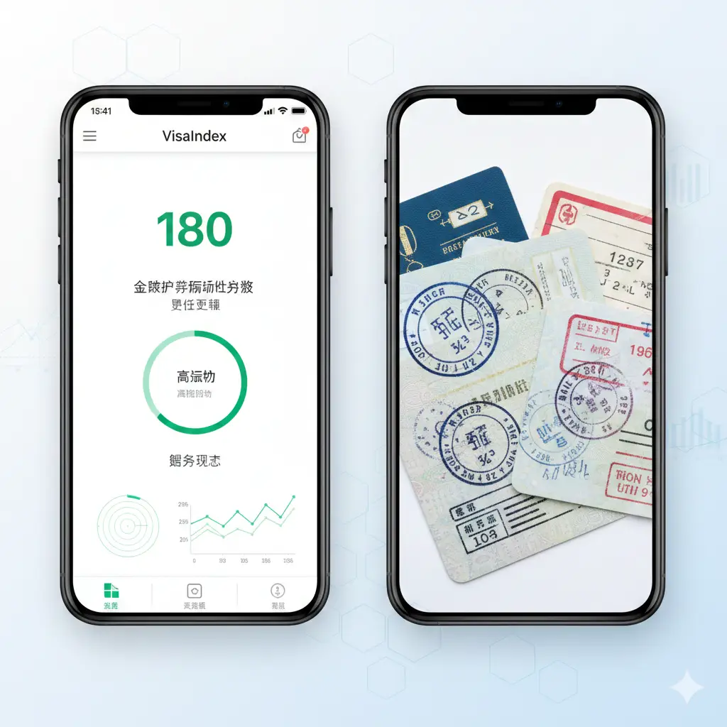 展示VisaIndex核心功能‘流动性分数’的视觉化图片。画面采用分屏对比风格，左侧显示手机App界面，界面上有清晰的数字180和绿色进度条，代表高流动性。右侧是各种护照印章和行李箱标签的叠加。背景使用淡雅的白色和浅蓝色，加入了一些半透明的数据分析图表元素。构图简洁，突出‘实时更新’和‘数字预测’的功能特性，风格干净清爽。