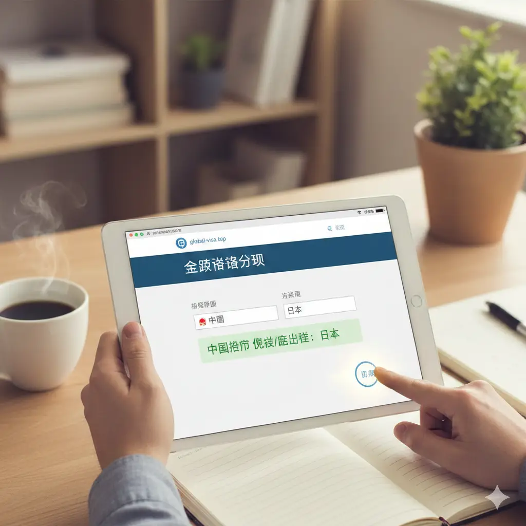 一张实操教程示意图。画面展示一只手正在平板电脑上操作 global-visa.top 网站的查询界面。屏幕上清晰地显示出中国护照与目标国家的免签匹配结果。背景是柔和的居家办公环境，有咖啡杯和笔记本。画面中加入了引导性的微光箭头，指向‘查询’按钮。色彩温暖，构图采用俯视视角（Flat Lay），强调操作的便捷性和易用性。