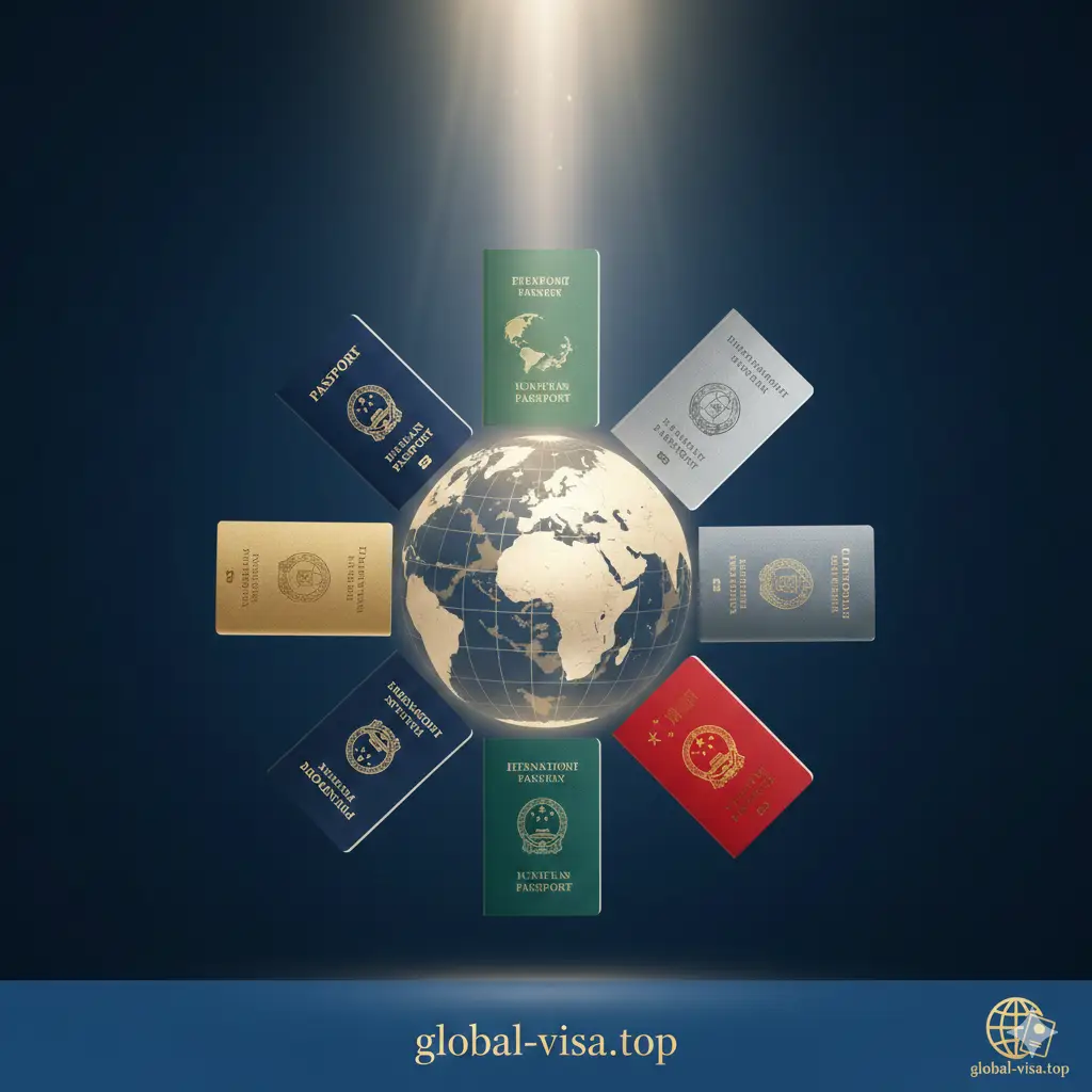 总结性图片，展示全球身份规划的愿景。画面中心是一个精致的地球仪，周围环绕着多本不同颜色的国际护照（包括欧盟、加勒比地区和中国）。光线从上方洒下，营造出一种‘世界就在手中’的宏大感。色调以商务蓝和香槟金为主。底部半透明层上印有 global-visa.top 的品牌标志，象征专业的咨询服务。构图对称平衡，传达出稳重、可信赖的总结氛围。