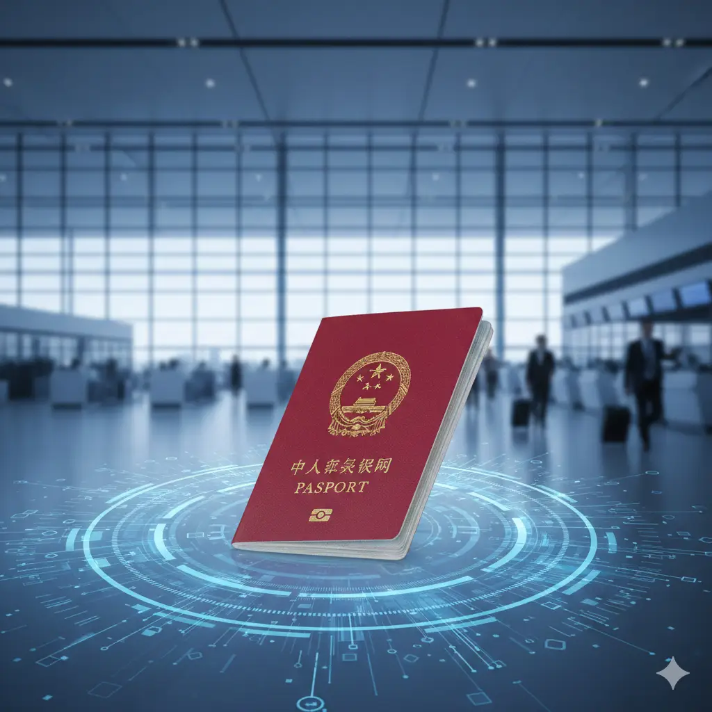 一张极具现代感的2025年护照办理封面图。画面中心是一本清晰的中国护照，周围环绕着数字化的光效，象征2025年的科技感。背景采用干净的机场航站楼或商务出入境大厅虚化效果，色调以商务蓝和纯净白为主，构图采用黄金分割比例，画面上方留白方便添加标题，整体风格权威、专业且富有前瞻性。