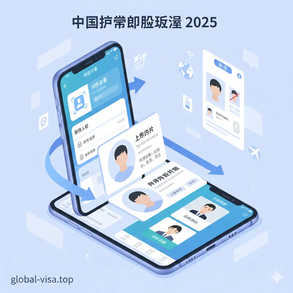 详细的‘中国领事’APP操作教程视觉化图片。画面以三维模型手机为主体，展示APP的操作步骤，如实名认证、照片上传和视频见面场景。背景点缀一些如证件照合规示意图（白底、光线均匀、面部清晰）的微缩元素。色彩鲜明，采用指示性箭头引导视觉流，风格类似于高品质的科技说明书插图。