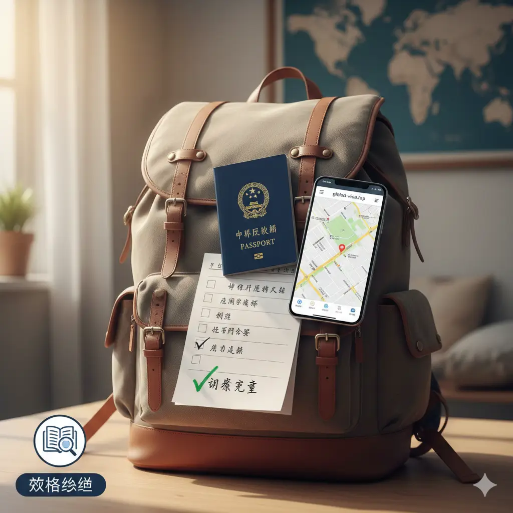 2025护照办理流程总结性图片。画面中心是一个已经整理好的精美旅行包，上方平放着崭新的护照和一张写有‘Checklist Complete’的清单，旁边放着智能手机。整体环境光线柔和，营造出一种准备出发的愉悦感。画面底部或侧边设计有温馨提示的UI图标，象征攻略总结，为文章提供完美的视觉收尾。