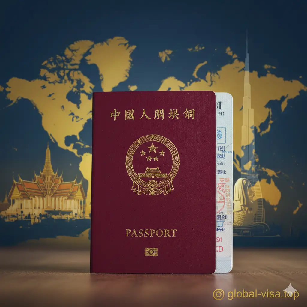 一张极具冲击力的文章封面图。画面中心是一本深红色的中国护照，质感细腻，金色国徽闪烁。背景是模糊的全球地图和世界著名地标（如曼谷大皇宫、新加坡鱼尾狮、迪拜哈利法塔）的剪影。色调以温暖的金色和专业感的深蓝色为主。构图采用中心对焦，上方留白方便添加‘2024免签大全’标题，整体氛围展现出出境旅行的自由感与护照的权威性。