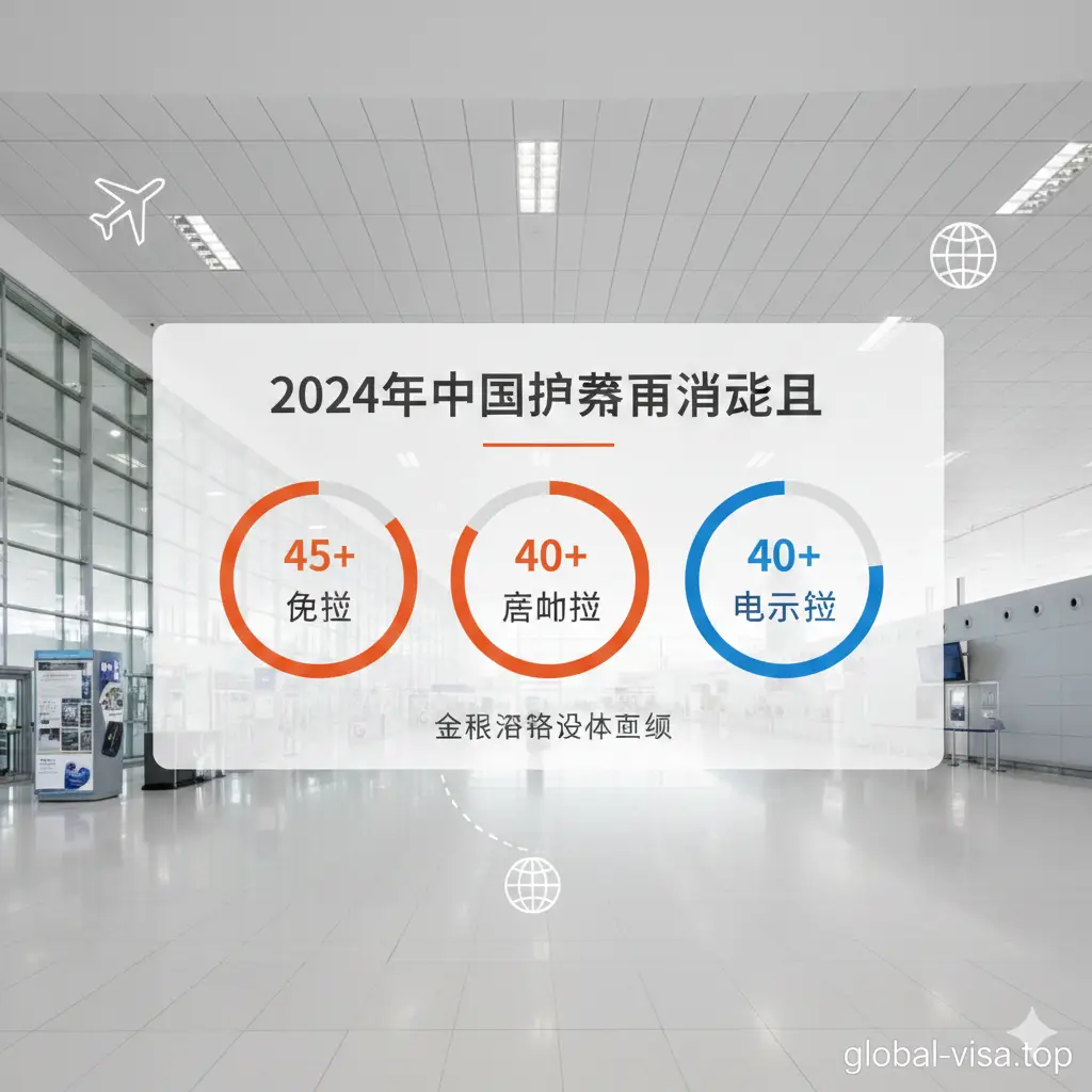一张展示核心数据看板的功能图。采用现代简约的数据可视化风格，以浅灰色为底，点缀着代表活力的橙色和代表信任的蓝色。画面包含三个圆环或方块区域，分别标注‘45+ 免签’、‘40+ 落地签’、‘40+ 电子签’。背景是干净的机场出发层大厅，采光通透，带有极简的线性图标，让读者一眼识别2024年中国护照的强大通行能力。
