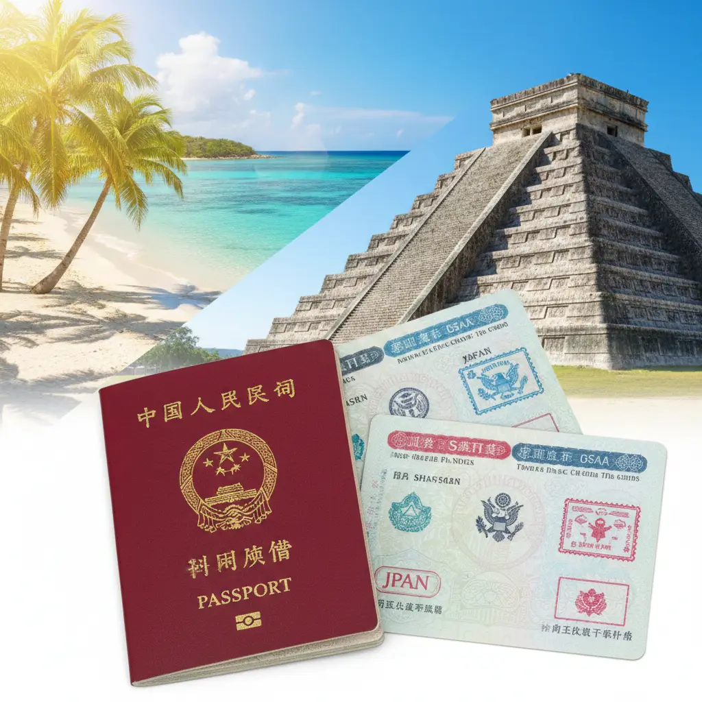 一张突出‘有条件免签’隐藏福利的优势图。画面展示了一本中国护照旁边叠放着美国、申根及日本的签证页，背景是墨西哥玛雅金字塔或菲律宾海岛风景。采用对比构图，强调‘一签多用’的概念。色彩饱和度较高，展现出明亮、积极的旅行氛围，突显持有特定发达国家签证能带来的额外便利性与高性价比感。
