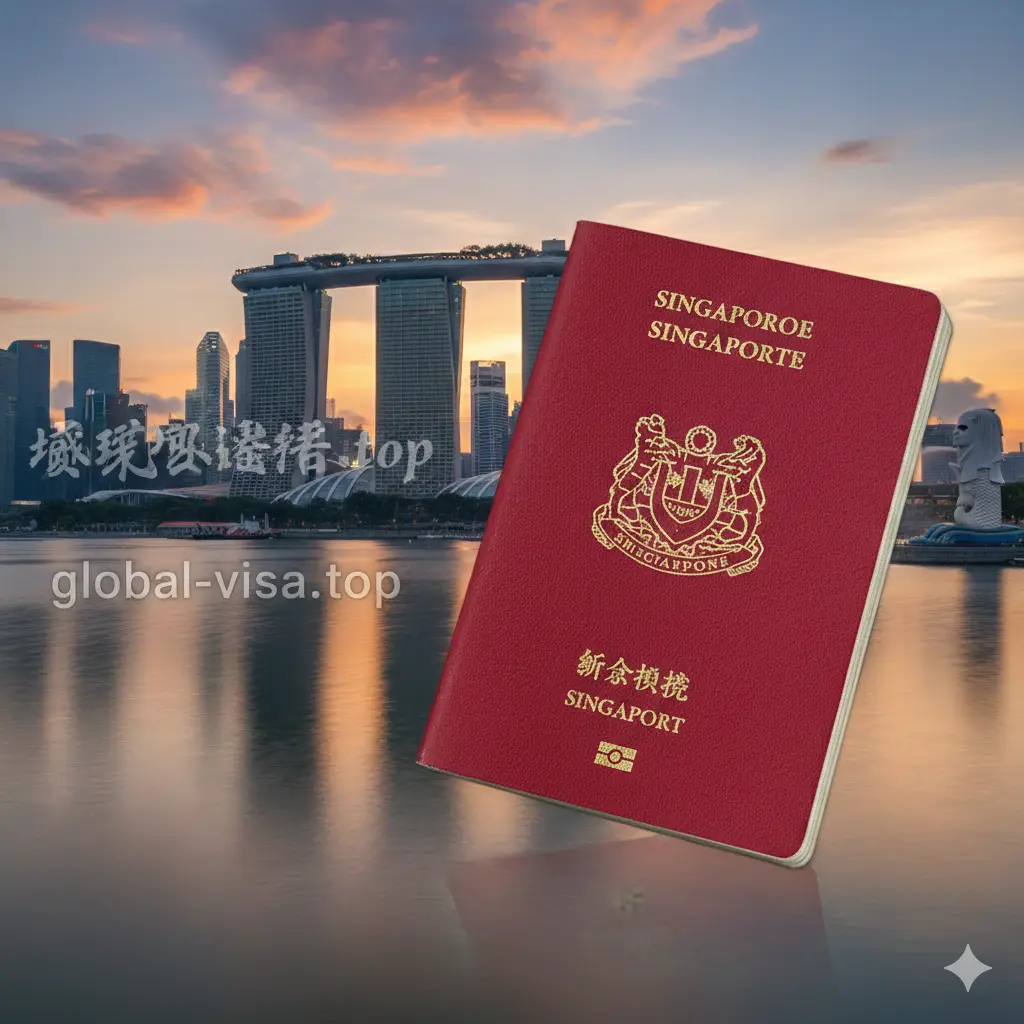 一张极具专业感和视觉冲击力的封面图。画面中央是清晰的新加坡红色护照特写,展现其精致的纹理与金色国徽。背景是新加坡繁华的滨海湾天际线(包含金沙酒店和鱼尾狮),采用柔和的晨曦或黄昏色调。构图大气平稳,左侧留白处可隐约看到 global-visa.top 的品牌标识元素,整体呈现出高端、权威的移民服务氛围。