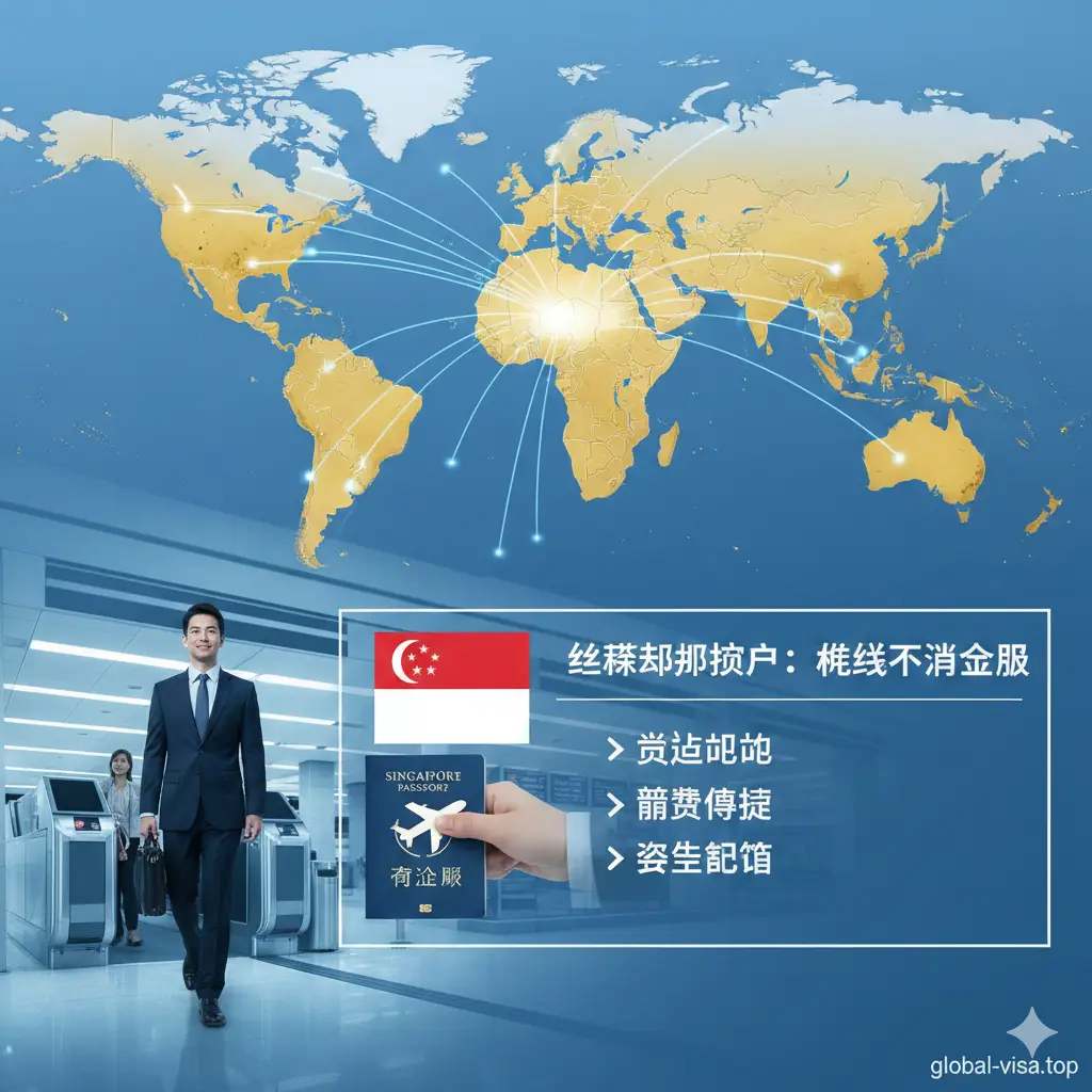 一张体现新加坡护照全球通行功能的插图。以亮丽的全球地图为背景,重点标注出新加坡护照免签的国家,如美国、中国、欧洲等区域。画面结合了现代化的机场登机口和护照盖章的视觉效果。色调以清新的蓝色和金色为主,象征商务旅行的便捷与全球资产配置的自由。构图采用多层叠加法,突出‘说走就走’的含金量。
