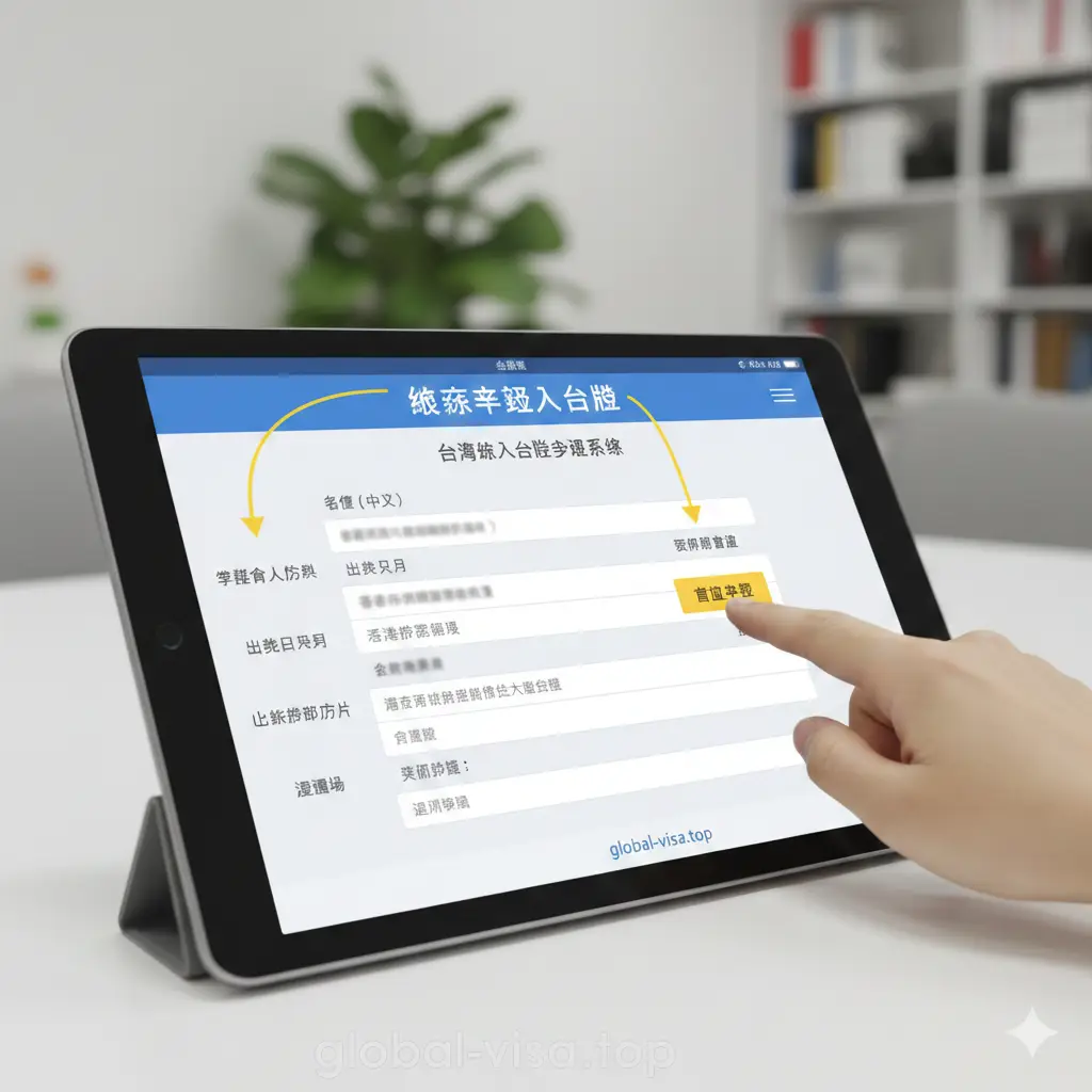 一张具有引导性的流程教学图片。画面呈现一个干净的数字界面，展示着手指点击平板电脑屏幕进行入台证申请填写的过程。背景带有微弱的模糊处理，焦点集中在屏幕上的申请表单关键字段和『提交』按钮。色调柔和，增加黄色高亮箭头指引申请步骤，帮助用户消除对复杂流程的心理压力。