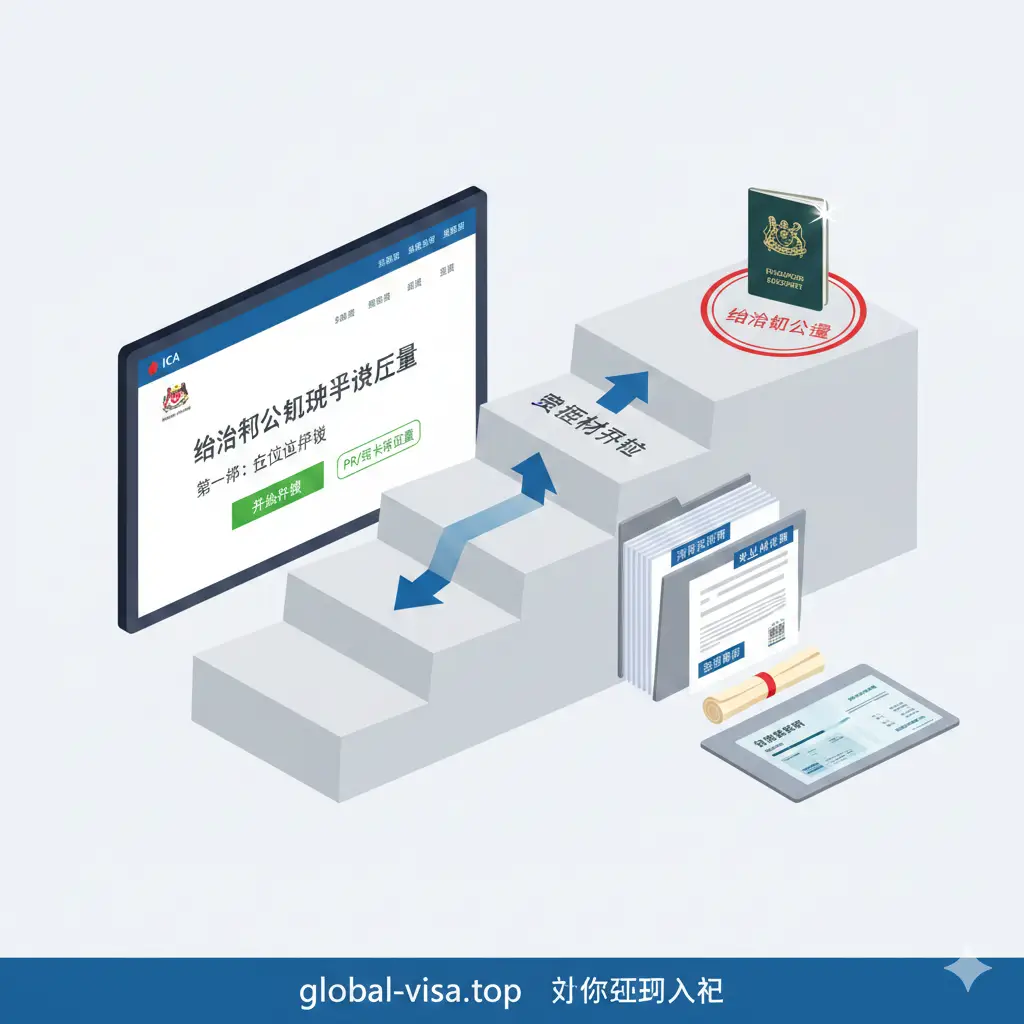 一张具有引导性的教程指导图片。展示了从PR绿卡到公民入籍的进阶阶梯。画面左侧是一个带有新加坡移民局(ICA)风格的电子化申请界面,右侧是整齐排列的申请文件(如税单、学历证书、居住证明)。色彩以干净的白色和商务灰为主,辅以醒目的行动指引。构图清晰直观,体现出 global-visa.top 严谨、标准化的操作流程。
