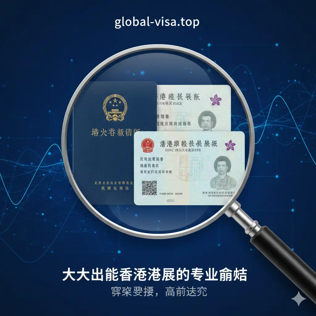 一张针对大陆出生申请者的专业解决方案图片。画面中心是一个放大的放大镜，正聚焦在回乡证与香港身份证的合成影像上。背景使用了象征安全与信任的深蓝色背景，点缀有数据线条，传达出global-visa.top在处理复杂审核及特殊背景申请时的专业度与高通过率，风格稳重且极具信任感。