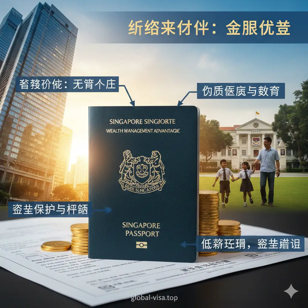 一张展示新加坡身份附加价值的优势图。画面融合了高端金融办公楼背景、家庭美满生活的剪影以及学校标志性的教育元素。强调新加坡在税务优化(无资本利得税)、优质医疗和低税率环境下的竞争优势。色调明亮温暖,展示出通过 global-visa.top 获取护照后,家庭在资产保护与未来规划方面的核心利益。
