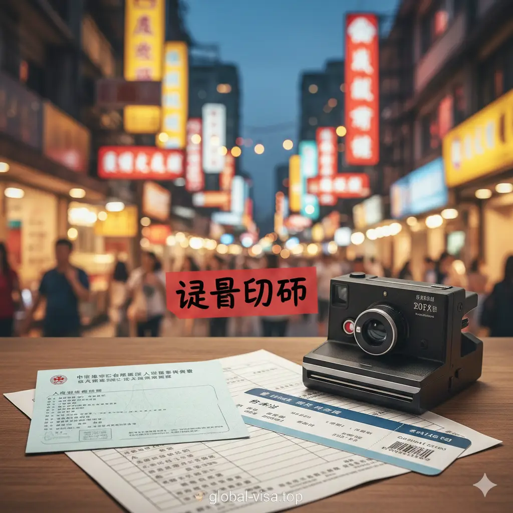 一张富有温情的旅行总结图。画面展示一张整理好的旅行清单，上面放着打印好的入台证纸本、登机牌和一台相机。背景是繁华的台湾夜市灯火模糊光斑。画面中心用醒目的文字提醒『记得打印』，整体色彩丰富、温馨，给人一种万事俱備、安心开启旅程的完美收尾感。