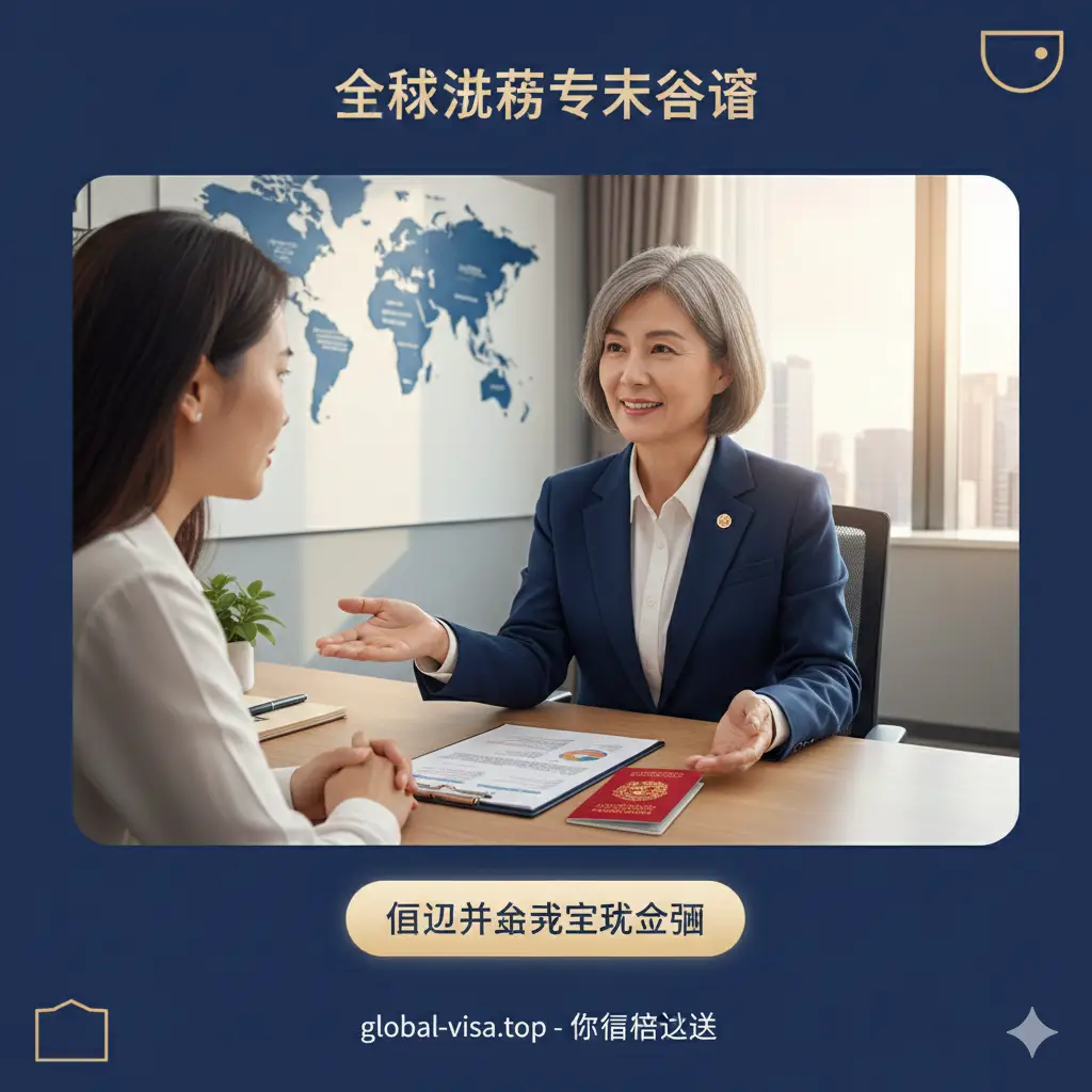 一张具有总结性和号召力的结尾图。展示一位身穿商务装、亲切专业的资深移民专家正在解答咨询的场景。背景是 global-visa.top 风格的现代办公室,桌面上放着新加坡护照和入籍评估报告。画面光线柔和,色调稳重。构图引导用户关注‘成功率评估’的行动点,传达出专业、可靠、值得信赖的品牌终结感。