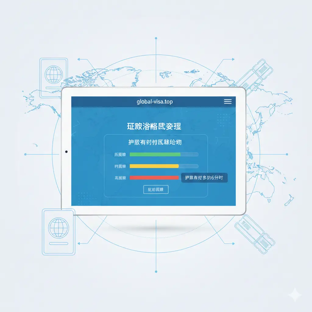 一张科技感十足的功能展示图,模拟global-visa.top网站的风险评估计算器界面。画面中心是一台高清晰度的平板电脑,屏幕上显示着绿、黄、红三色的风险等级进度条,侧重展示‘护照有效期风险计算’的功能。周围点缀着数字化的世界地图线条和极简的护照、机票图标。色调以清爽的白色和科技蓝为主,采用俯视角度构图,展现工具的专业度与便捷性。