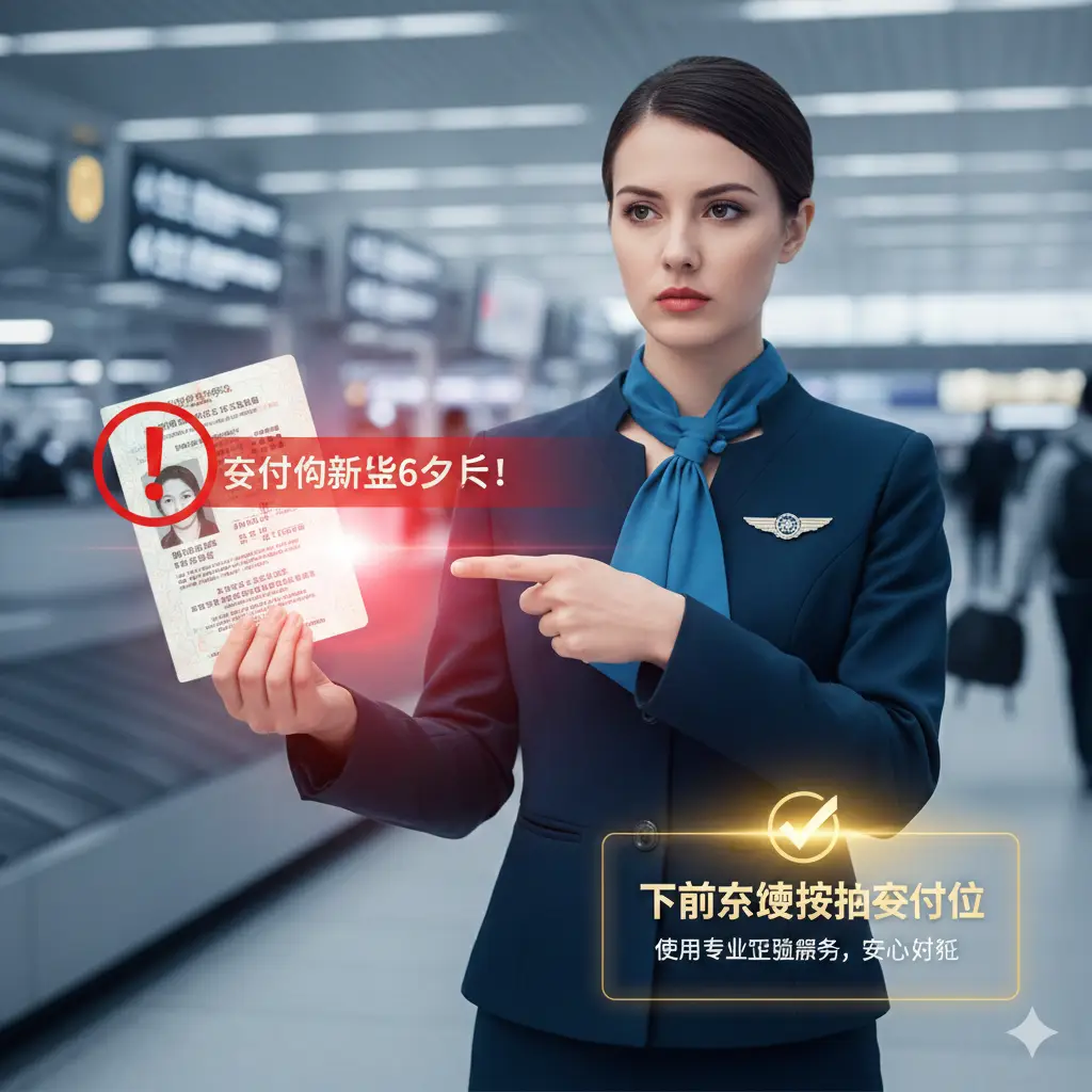 一张强调风险与优势的对比图,视觉中心是一个身穿制服的航空公司地勤人员正在查验护照,护照有效期少于6个月处呈现出醒目的警告标识。背景是繁杂的机场值机柜台。构图采用中景镜头,光线聚焦在被拒绝的护照上,象征着忽视规则带来的潜在损失。色调对比强烈,通过这种视觉上的‘冲突’来反衬提前查验和使用专业评估服务的优势。