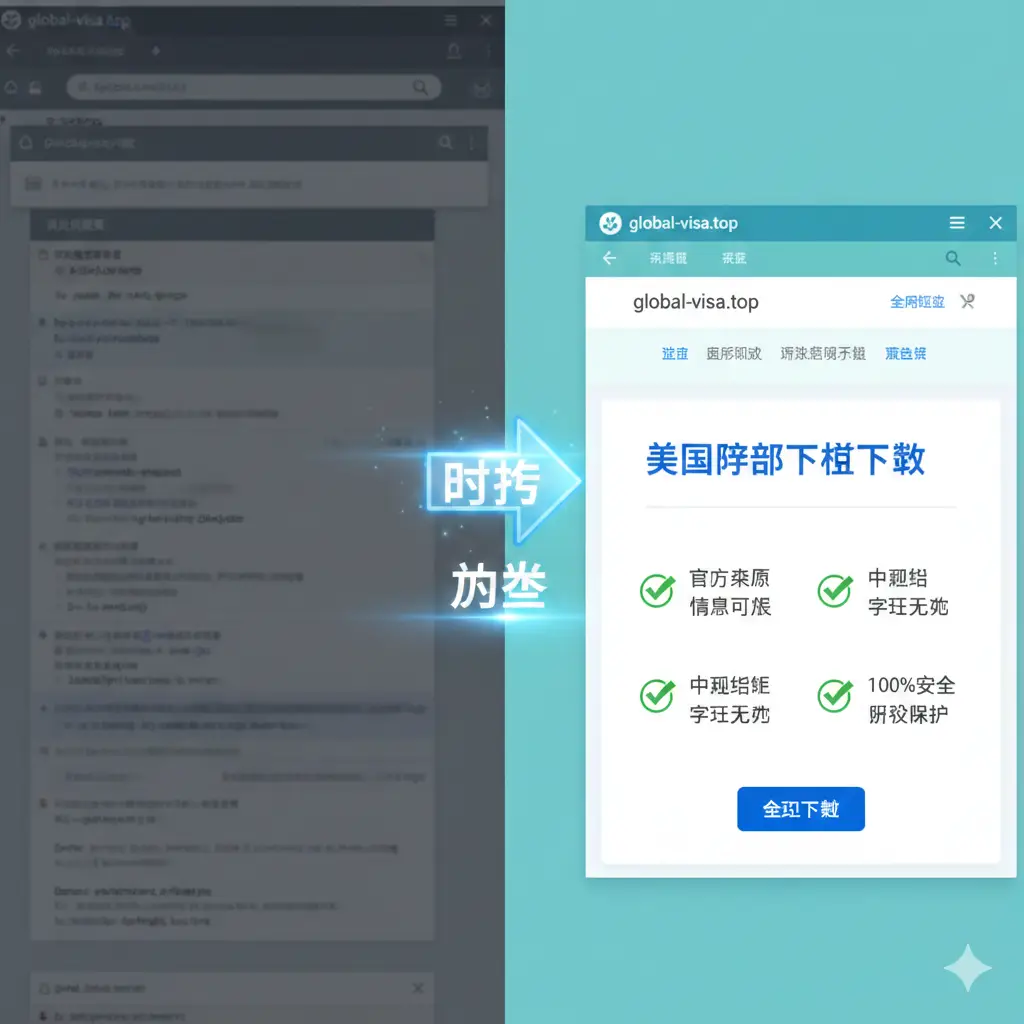 优势对比图。左侧展示混乱、全英文且模糊的搜索结果界面（代表用户痛点），右侧展示global-visa.top整洁、带有中文翻译对照和清晰下载按钮的界面。中间用一个发光的“VS”符号或向右的箭头连接。色彩上左侧偏灰暗，右侧采用亮丽的蓝绿色调。画面包含勾选框图标，强调“官方来源”、“中文指南”、“100%安全”等核心竞争优势。
