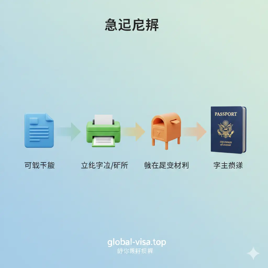 总结回顾图。采用流程图式构图，展示从“下载表格”到“在线填写”再到“线下递交”的四个关键步骤。每个步骤由精美的3D小图标代表（如文档图标、打印机、邮局信箱、成功的护照）。背景洁净，使用渐变色带连接各个环节。画面底部带有global-visa.top的标志及“助您顺利获签”的温馨寄语，给读者留下完整、可靠的办理印象。